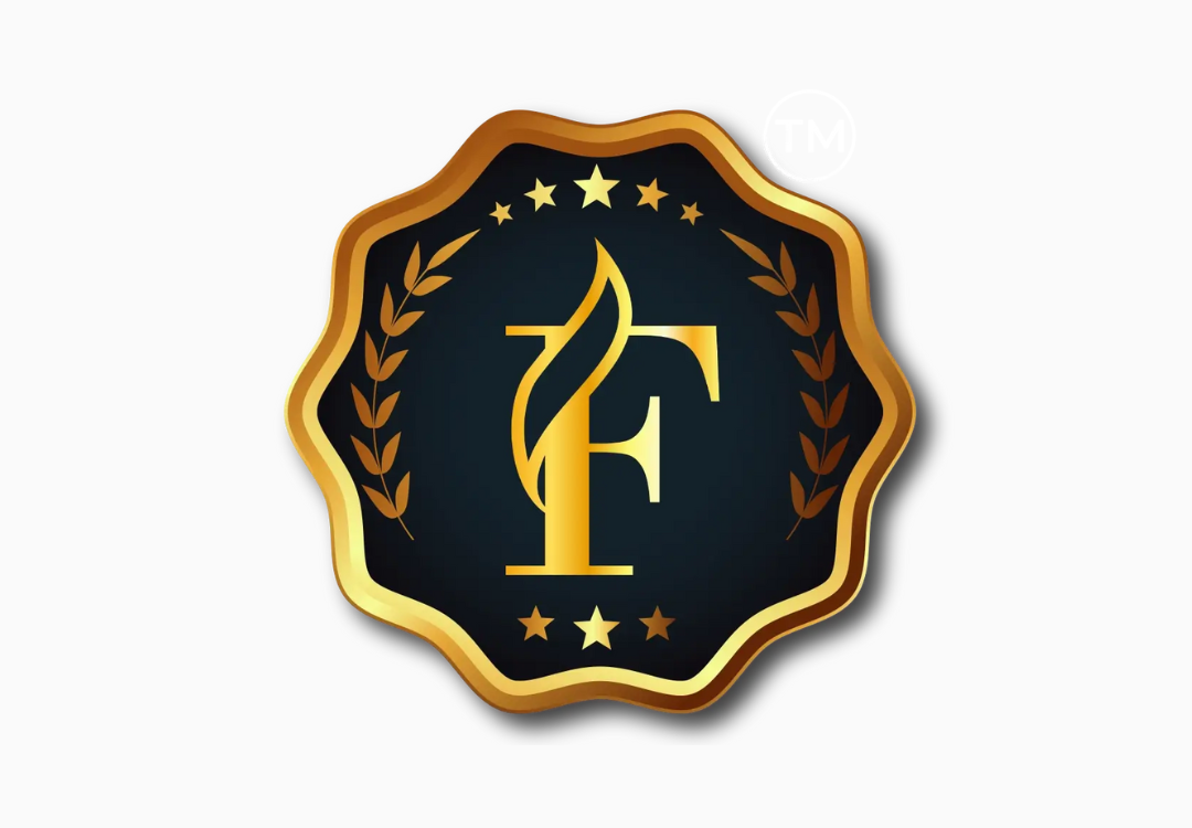 International Award Digital Reputation - Golden emblem with stylized F letter, official symbol of Fluxx award, surrounded by laurels and golden stars on dark background